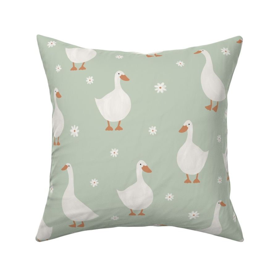 Geese and Daisies on Sage Green, Gender Neutral, Nursery Fabric