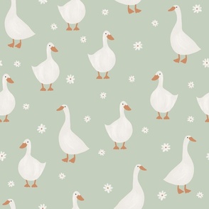 Geese and Daisies on Sage Green, Gender Neutral, Nursery Fabric