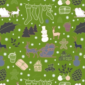 Enchanted Christmas Wonderland Pattern black on leafy green