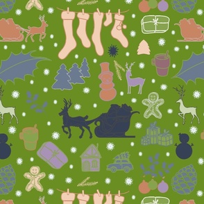 Enchanted Christmas Wonderland Pattern gray on leafy green