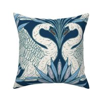 Swans and cattails on the lake - Large - blue and cream