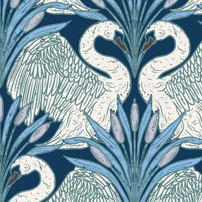 Swans and cattails on the lake - Large - blue and cream
