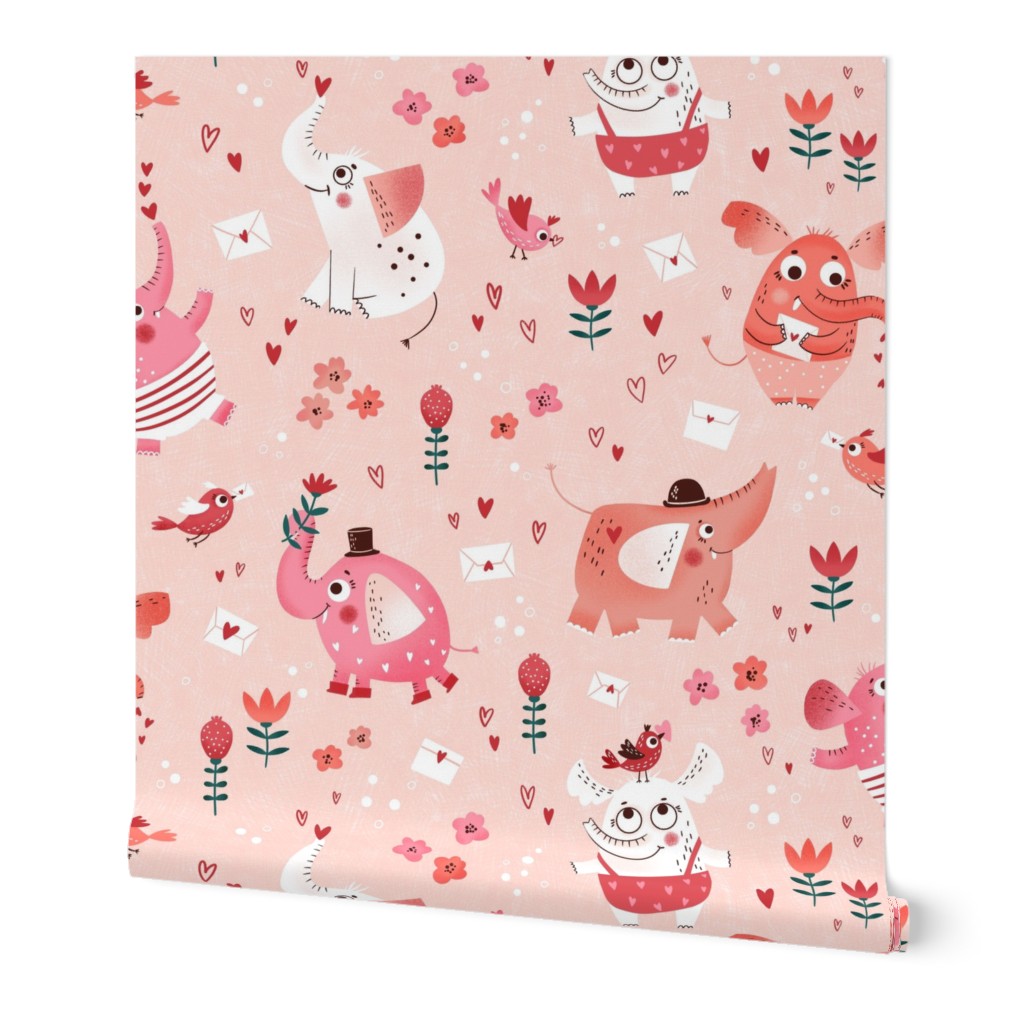 Medium | Cute pink and red Valentine's Day elephants on  apricot pink