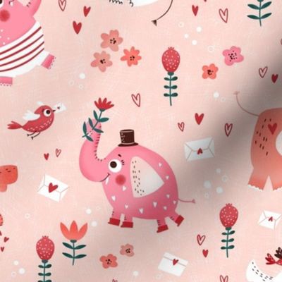Medium | Cute pink and red Valentine's Day elephants on  apricot pink