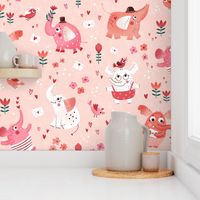 Medium | Cute pink and red Valentine's Day elephants on  apricot pink