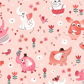 Medium | Cute pink and red Valentine's Day elephants on  apricot pink