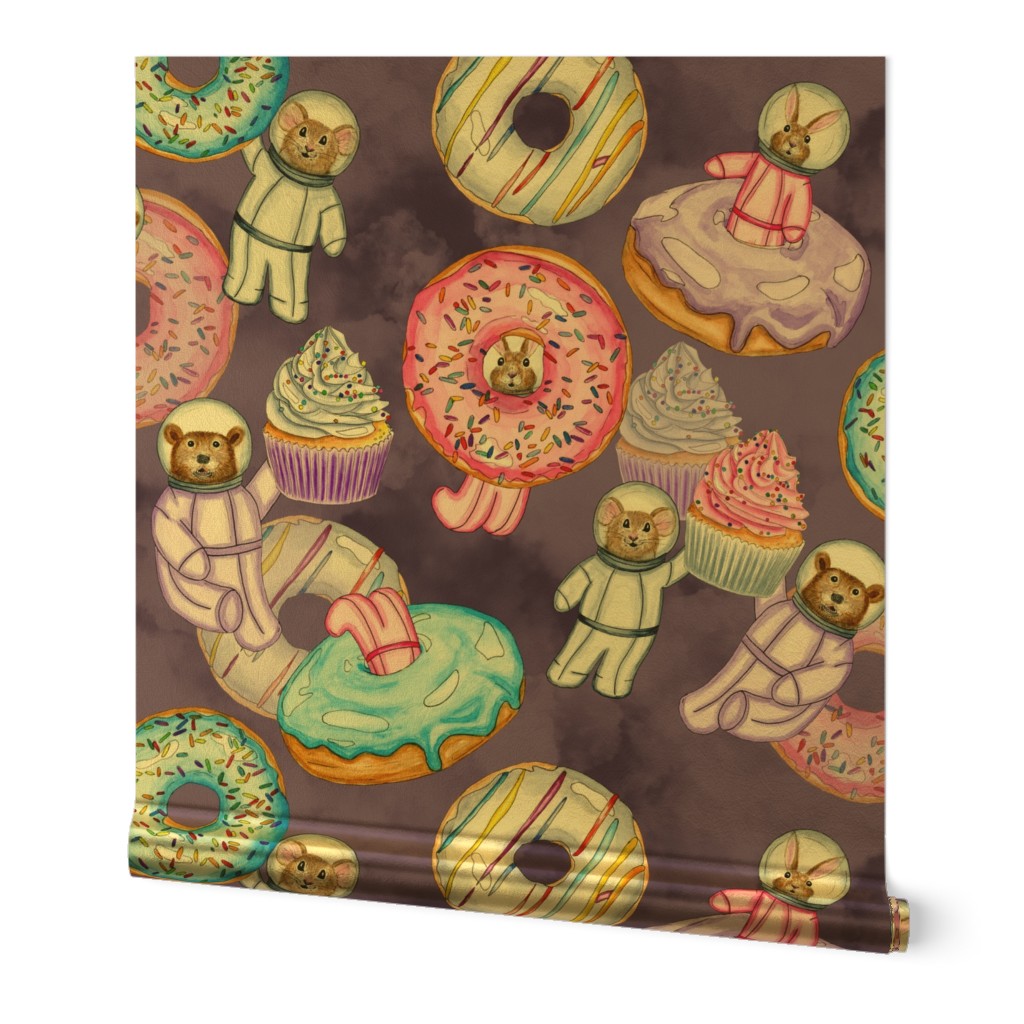 Hand Painted watercolor Sweet Treats Space Friends Surrealist Large Scale Donuts and Cupcakes