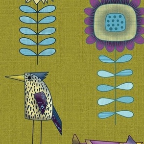 (L) Whimsy Birds in the Folk Art Garden // Blue, Pink, Yellow on Ecru 