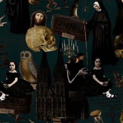 10" Nostalgic Middle Ages Nightmare - nuns, churches, Jesus and plenty of horror - halloween aesthetic skeletons halloween aesthetic goth wallpaper, skulls, - petrol 