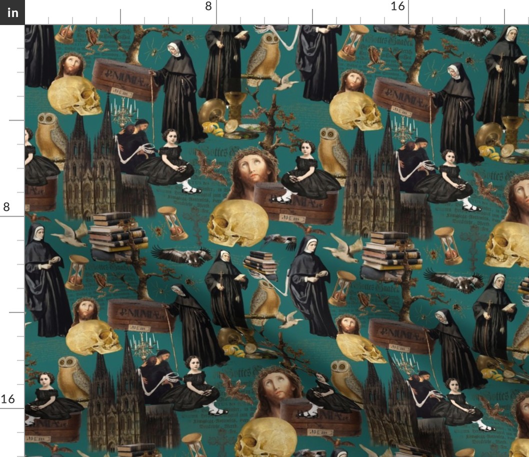 10" Nostalgic Middle Ages Nightmare - nuns, churches, Jesus and plenty of horror - halloween aesthetic skeletons halloween aesthetic goth wallpaper, skulls, - teal