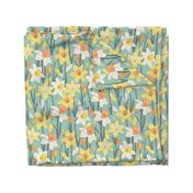 Spring Daffodils, Floral Fabric, Floral, Flowers, Yellow, White, Orange, Teal 