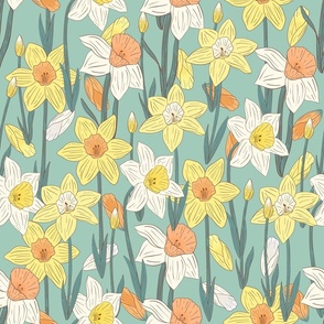 Spring Daffodils, Floral Fabric, Floral, Flowers, Yellow, White, Orange, Teal 