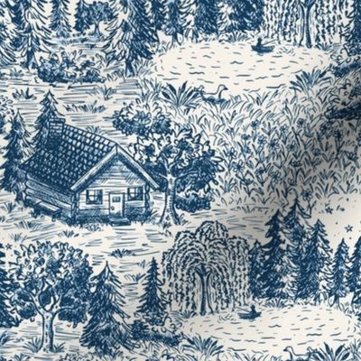 Lakeside Vacation Cabin Toile De Jouy - Medium Scale - Blue