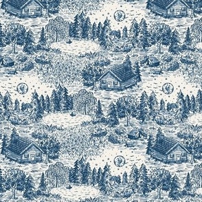 Lakeside Vacation Cabin Toile De Jouy - Small Scale - Blue