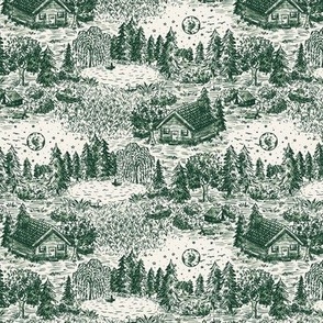 Lakeside Vacation Cabin Toile De Jouy - Small Scale - Green