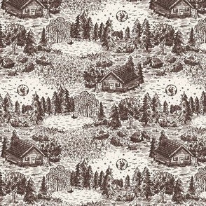 Lakeside Vacation Cabin Toile De Jouy - Small Scale - Brown