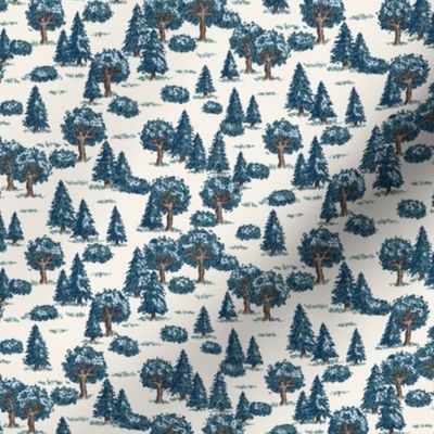 Vintage Illustrated Forest Trees - small scale - cream and blue