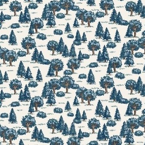 Vintage Illustrated Forest Trees - small scale - cream and blue