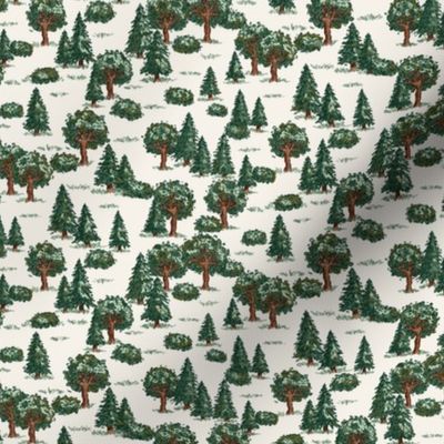 Vintage Illustrated Forest Trees - small scale - cream and green