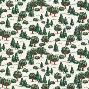 Vintage Illustrated Forest Trees - small scale - cream and green