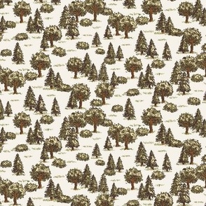 Vintage Illustrated Forest Trees - small scale - cream and green retro
