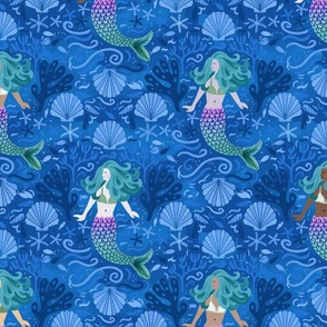 multi culture mermaid in seaweed and coral garden wallpaper scale