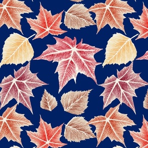 Birch, Maple, different leaves on blue 