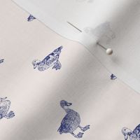 micro - Three ducks - toile de jouy drawing style - navy blue on linen ecru beige