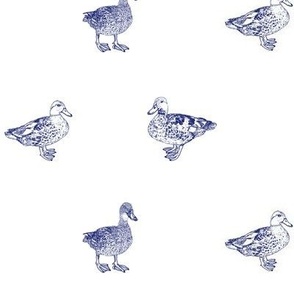 small - Three ducks - toile de jouy drawing style - navy blue on solid white FFFFFF