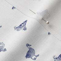 micro - Three ducks - toile de jouy drawing style - navy blue on solid white FFFFFF