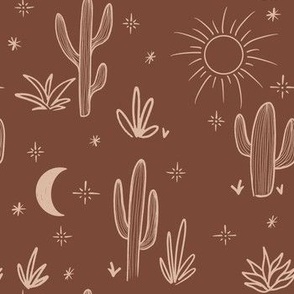 medium // hand-drawn sun moon and cactus on brown