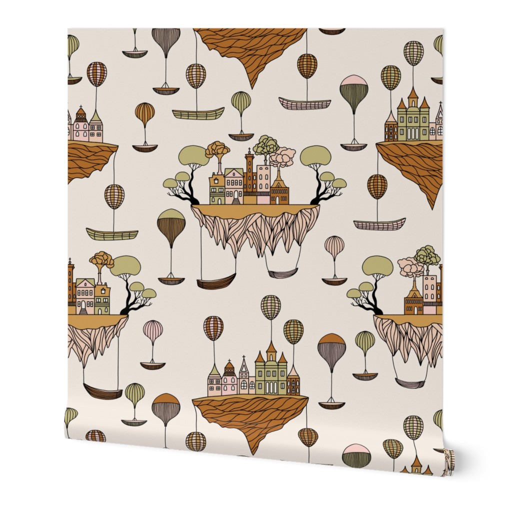 Hot Air Balloon Floating Island Surrealism World in Retro Colors