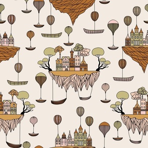 Hot Air Balloon Floating Island Surrealism World in Retro Colors