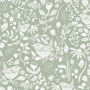 Block Print Textured Wren in Hedgerow with Leaves, Flowers and Berries in Sage Green (Large)