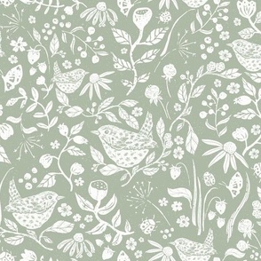 Block Print Textured Wren in Hedgerow with Leaves, Flowers and Berries in Sage Green (Medium)