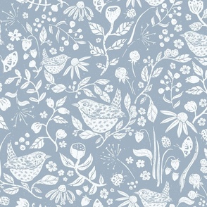 Block Print Textured Wren in Hedgerow with Leaves, Flowers and Berries in Soft Blue and White (Large)