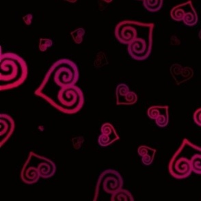 Red and pink scroll hearts on black background