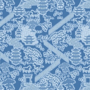 Chinoiserie Horse Farm Blue on Blue, 12in x 17in repeat scale