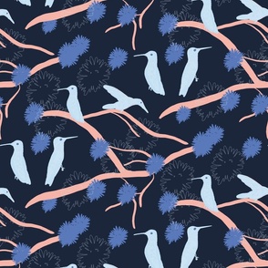 hummingbirds in blue on pink branches