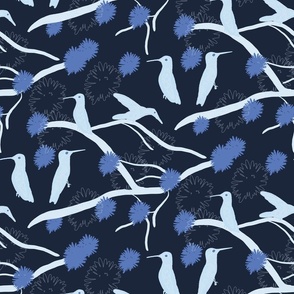hummingbirds in blue on branches