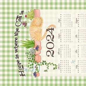 2024 Cat Tea Towel  Calendar green and brown check 