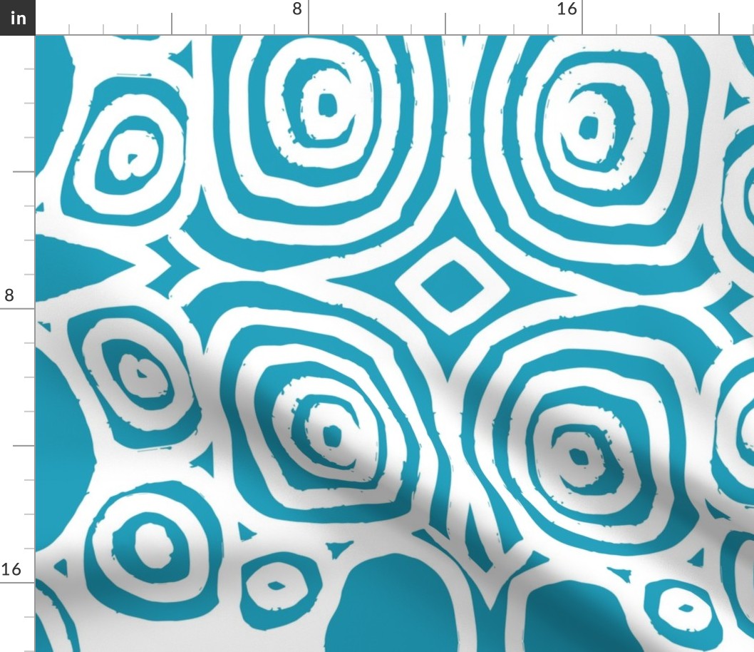 Rough Circular Lines - Boho Bohemian Circles - Primitive Tribal Line Art  - Aqua Blue and White - Large