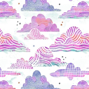 Graphic Clouds | Candy Sunset | Watercolor Magenta Coral Teal Plaid Stripes Waves Texture