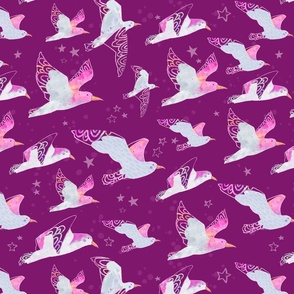 Flock | Sunset Murmuration | Magenta Watercolor Seagulls Stars Scallops Nature Sky