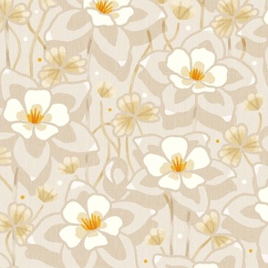 Large scale / Pastel beige columbines on tan / pale soft light creamy ivory and yellow star shaped florals / Colorado state flowers blooming romantic spring garden nursery rocky mountains linen wildflowers buds and leaves