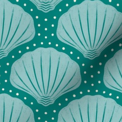 Medium scale / Teal sea shells on opal green / Coastal chic monochromatic modern calming oceanic scallop hand drawn shapes beachcombers in cool soft pastel light blue and dark sea green with aqua dots