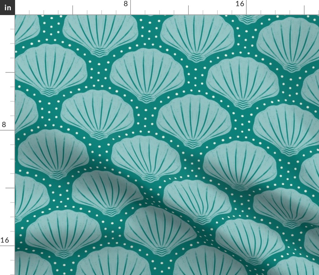 Medium scale / Teal sea shells on opal green / Coastal chic monochromatic modern calming oceanic scallop hand drawn shapes beachcombers in cool soft pastel light blue and dark sea green with aqua dots