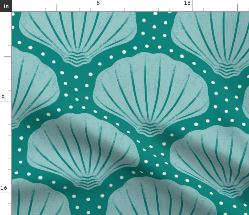 Large scale / Teal sea shells on opal green / Coastal chic monochromatic modern calming oceanic scallop hand drawn shapes beachcombers in cool soft pastel light blue and dark sea green with aqua dots