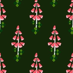 L Abstract Botanical - Block Print Inspired - Diamond Checkered (Jester, Argyle) and Floral - Pink Red Foxglove with Diamond Leaves on Green - Christmas Red and Green