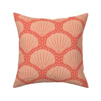 Medium scale / Salmon pink sea shells on coral orange / Coastal chic monochromatic modern calming oceanic scallop hand drawn shapes beachcombers in warm light pastel rose and soft coral with ivory dots